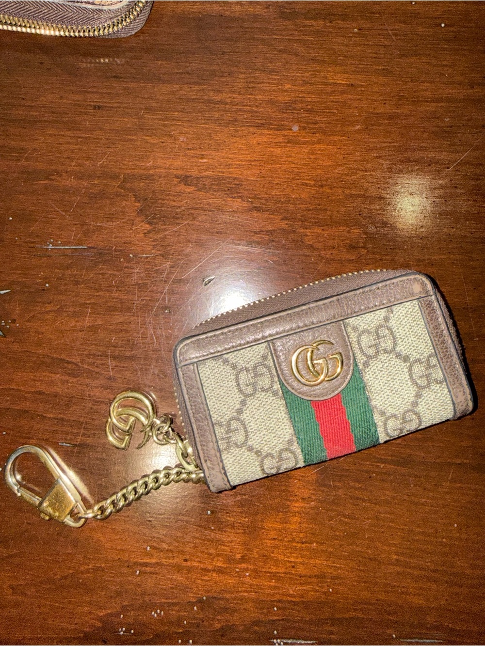 Gucci Beige Brown GG Key Pouch with Green & Red Stripe